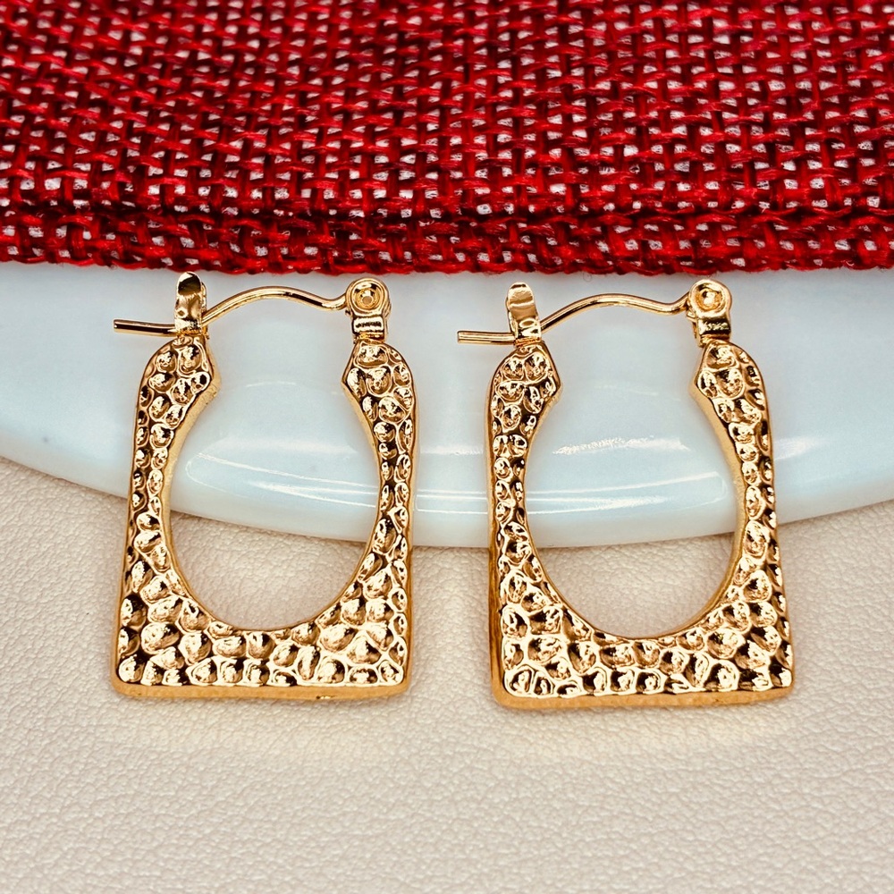Modern Minimalism Hammered Gold Rectangle Hoop Earrings